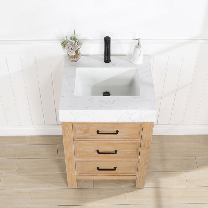 24-Inch Silhouette Small Bathroom Vanity – Brown Wood Cabinet with Lightning White Countertop and Soft-Close Storage
