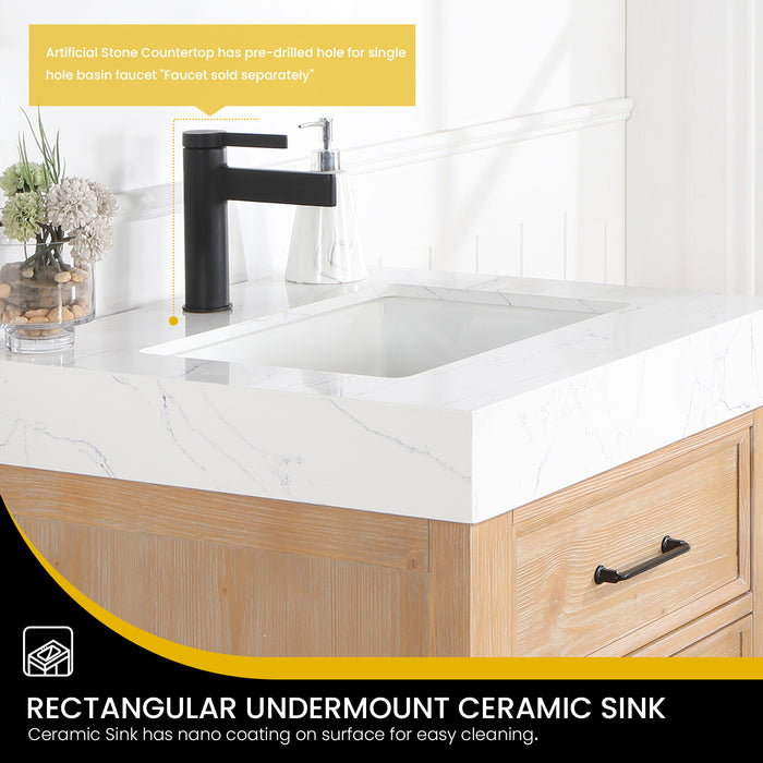24-Inch Silhouette Small Bathroom Vanity – Brown Wood Cabinet with Lightning White Countertop and Soft-Close Storage