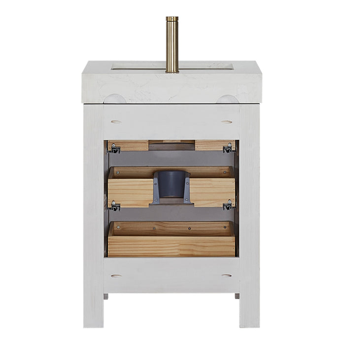 24 Inch Sonnet Small Bathroom Vanity – Modern Washed White Wood Cabinet with Bright White Top and Storage