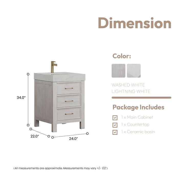 24 Inch Sonnet Small Bathroom Vanity – Modern Washed White Wood Cabinet with Bright White Top and Storage