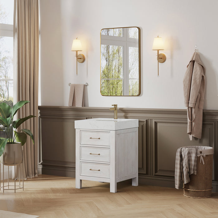 24 Inch Sonnet Small Bathroom Vanity – Modern Washed White Wood Cabinet with Bright White Top and Storage