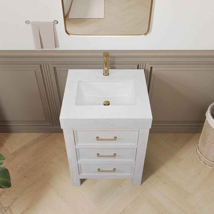 24 Inch Sonnet Small Bathroom Vanity – Modern Washed White Wood Cabinet with Bright White Top and Storage