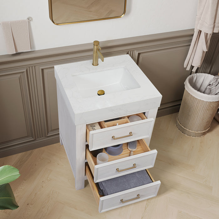 24 Inch Sonnet Small Bathroom Vanity – Modern Washed White Wood Cabinet with Bright White Top and Storage