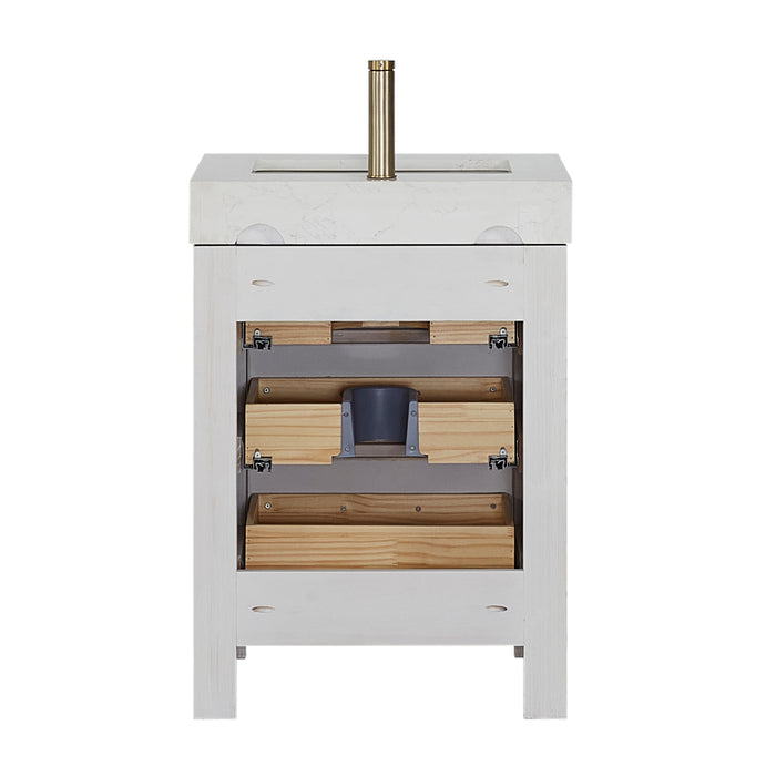 24-Inch Sorrel Bathroom Vanity – Washed White Wood Cabinet with Lightning White Stone Top and Mirror