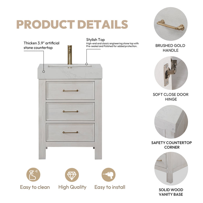 24-Inch Sorrel Bathroom Vanity – Washed White Wood Cabinet with Lightning White Stone Top and Mirror