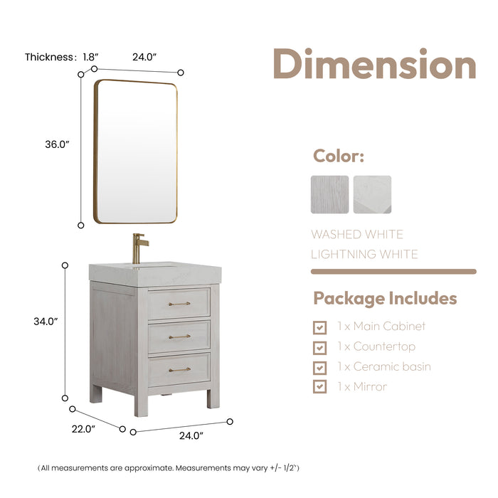 24-Inch Sorrel Bathroom Vanity – Washed White Wood Cabinet with Lightning White Stone Top and Mirror
