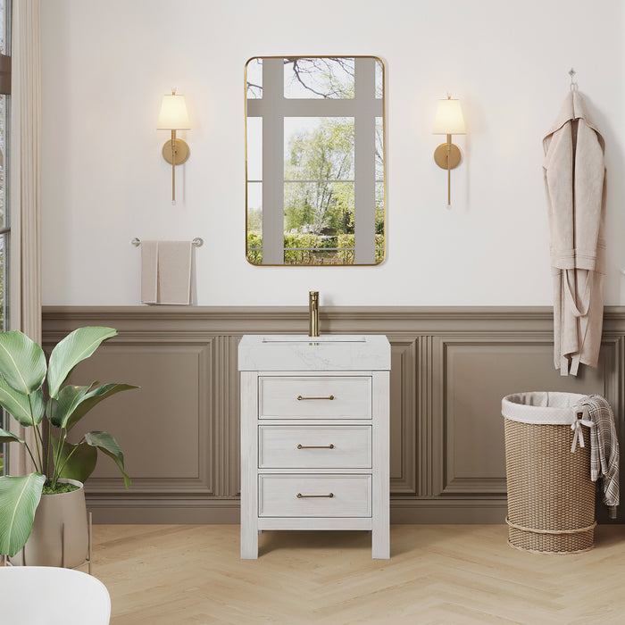 24-Inch Sorrel Bathroom Vanity – Washed White Wood Cabinet with Lightning White Stone Top and Mirror