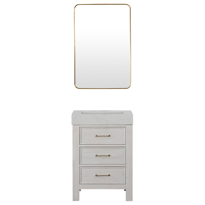 24-Inch Sorrel Bathroom Vanity – Washed White Wood Cabinet with Lightning White Stone Top and Mirror
