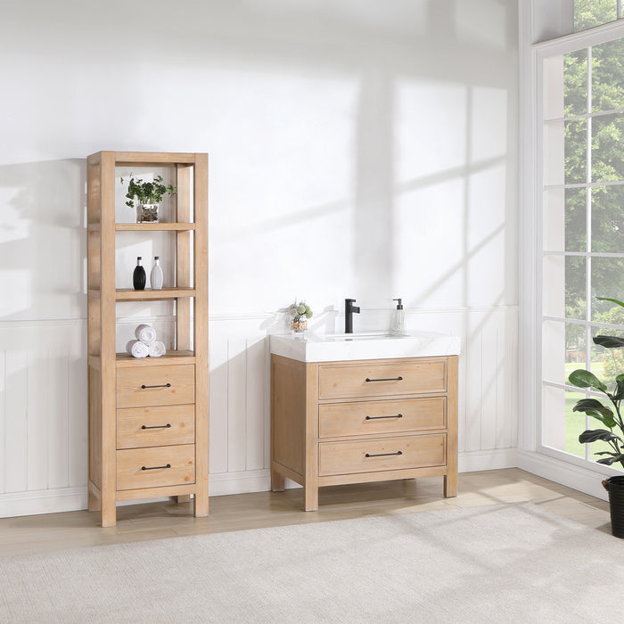 36-Inch Stellar Vanity – Fir Wood Brown Cabinet with Lightning White Top and Storage Drawers