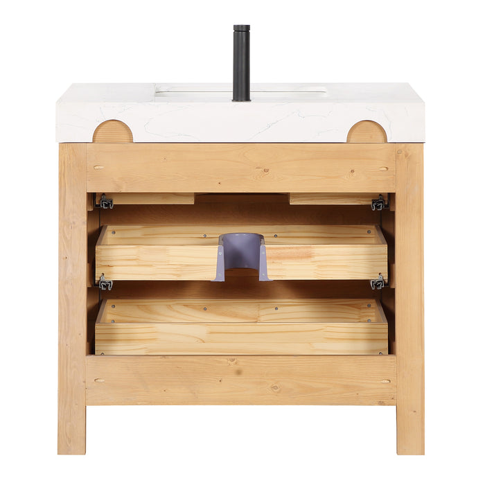 36-Inch Stellar Vanity – Fir Wood Brown Cabinet with Lightning White Top and Storage Drawers
