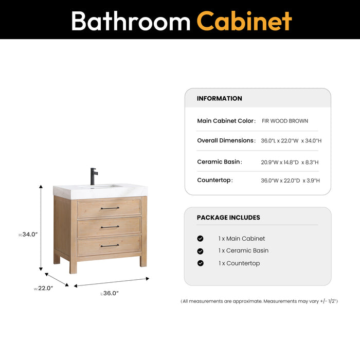 36-Inch Stellar Vanity – Fir Wood Brown Cabinet with Lightning White Top and Storage Drawers