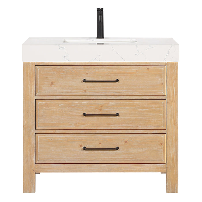 36-Inch Stellar Vanity – Fir Wood Brown Cabinet with Lightning White Top and Storage Drawers
