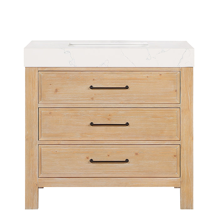 36-Inch Stellar Vanity – Fir Wood Brown Cabinet with Lightning White Top and Storage Drawers