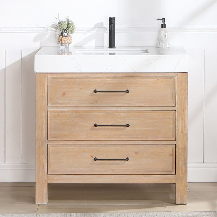36-Inch Stellar Vanity – Fir Wood Brown Cabinet with Lightning White Top and Storage Drawers