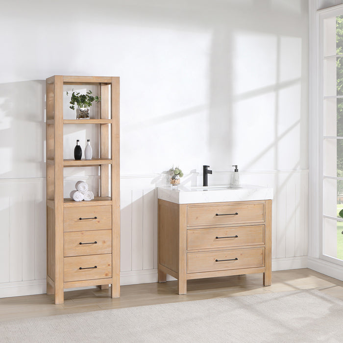 36-Inch Stellar Vanity – Fir Wood Brown Cabinet with Lightning White Top and Storage Drawers