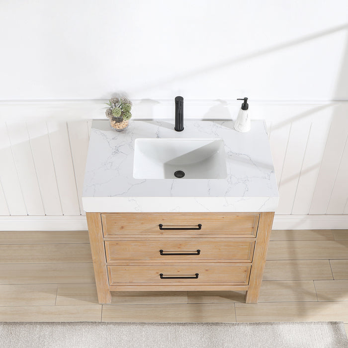 36-Inch Stellar Vanity – Fir Wood Brown Cabinet with Lightning White Top and Storage Drawers