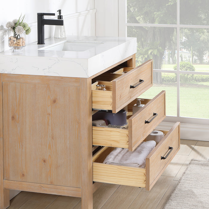 36 Inch Svelte Bathroom Vanity – Brown Fir Cabinet with Lightning White Composite Countertop and Mirror