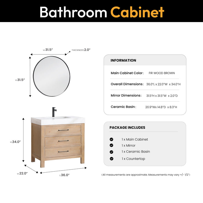 36 Inch Svelte Bathroom Vanity – Brown Fir Cabinet with Lightning White Composite Countertop and Mirror