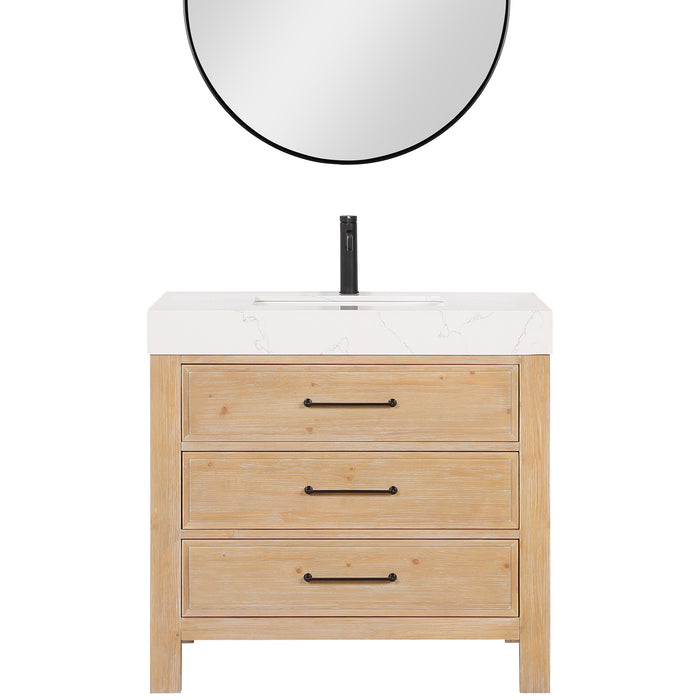 36 Inch Svelte Bathroom Vanity – Brown Fir Cabinet with Lightning White Composite Countertop and Mirror