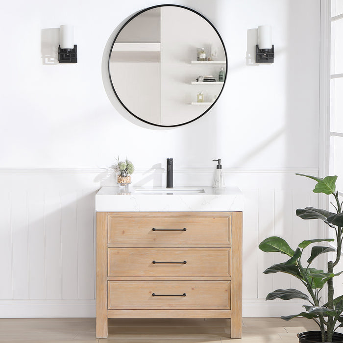 36 Inch Svelte Bathroom Vanity – Brown Fir Cabinet with Lightning White Composite Countertop and Mirror