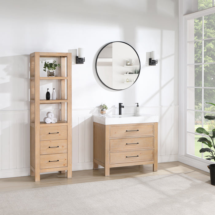 36 Inch Svelte Bathroom Vanity – Brown Fir Cabinet with Lightning White Composite Countertop and Mirror