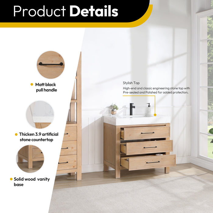 36 Inch Svelte Bathroom Vanity – Brown Fir Cabinet with Lightning White Composite Countertop and Mirror