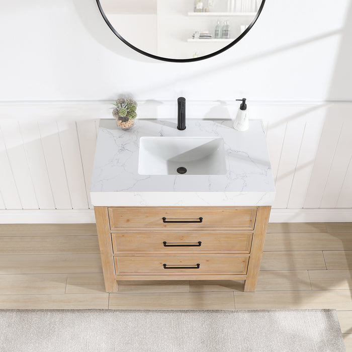 36 Inch Svelte Bathroom Vanity – Brown Fir Cabinet with Lightning White Composite Countertop and Mirror