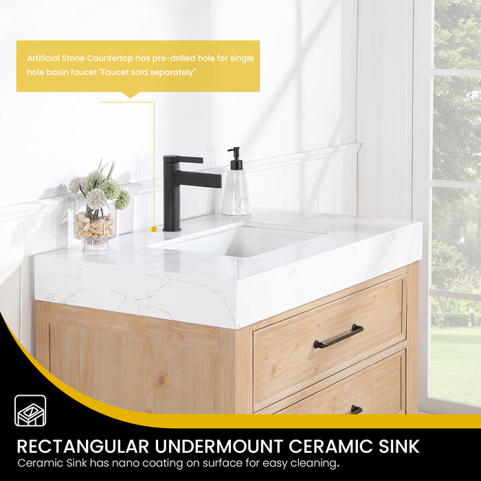 36 Inch Svelte Bathroom Vanity – Brown Fir Cabinet with Lightning White Composite Countertop and Mirror