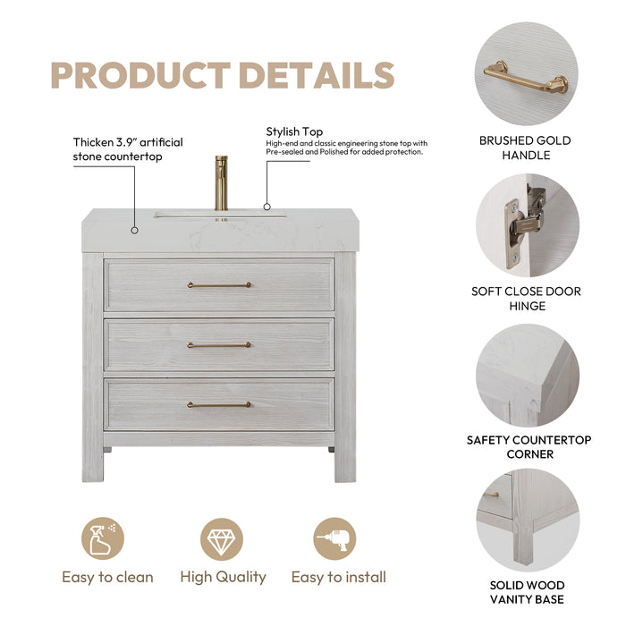36-Inch Sylvan Bathroom Vanity – White Wood Finish with Lightning White Countertop and Soft-Close Storage