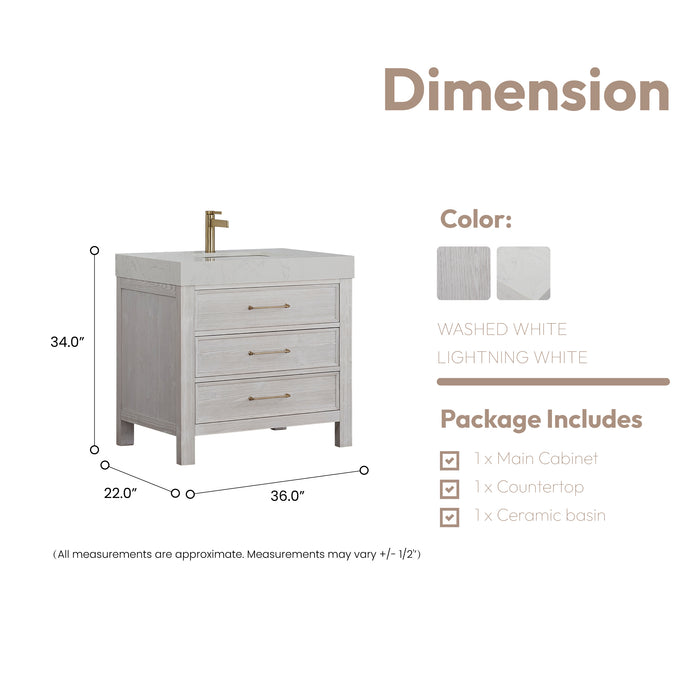 36-Inch Sylvan Bathroom Vanity – White Wood Finish with Lightning White Countertop and Soft-Close Storage
