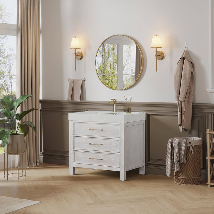 36-Inch Sylvan Bathroom Vanity – White Wood Finish with Lightning White Countertop and Soft-Close Storage