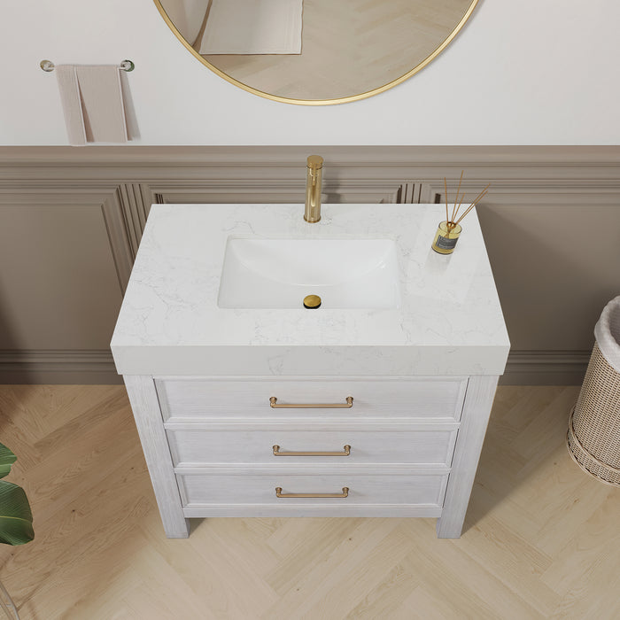 36-Inch Sylvan Bathroom Vanity – White Wood Finish with Lightning White Countertop and Soft-Close Storage