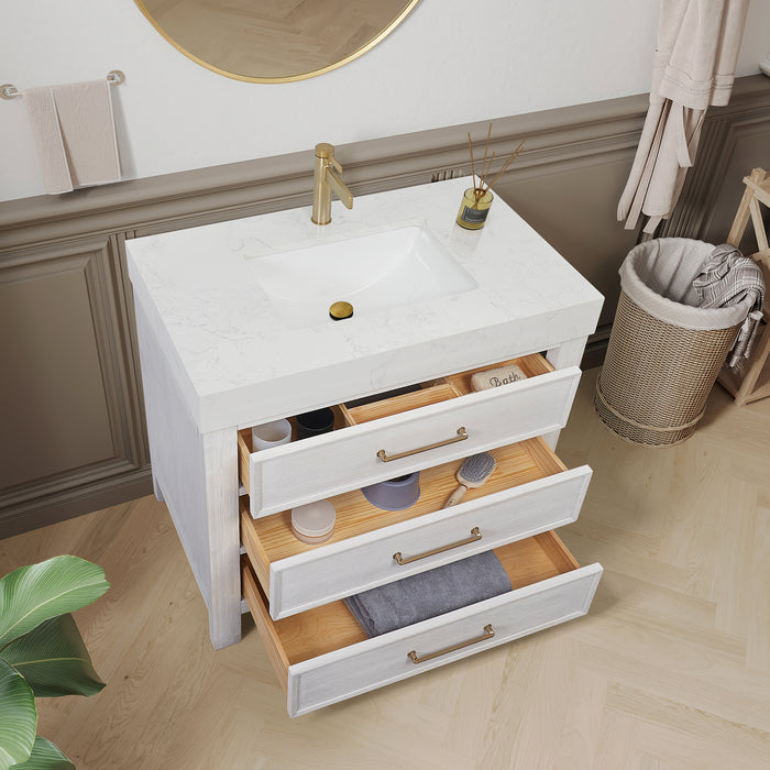 36-Inch Sylvan Bathroom Vanity – White Wood Finish with Lightning White Countertop and Soft-Close Storage