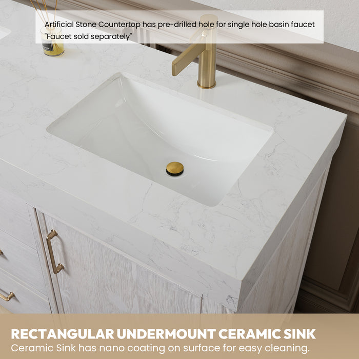 León 36in. Free-standing Single Bathroom Vanity in Washed White with Composite top in Lightning White and Mirror