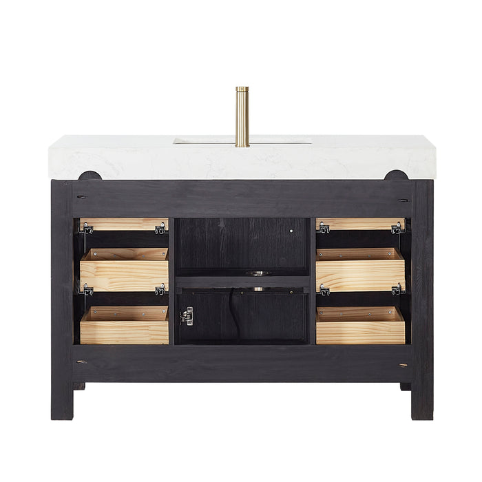 48 Inch Tamsin Black Fir Wood Vanity – Freestanding Single Sink Bathroom Cabinet with Mirror & Lightning White Top