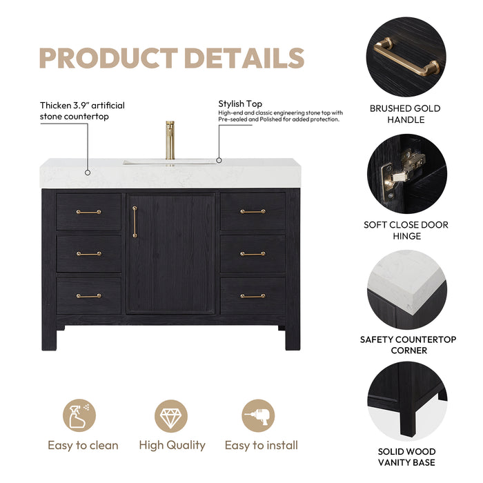 48 Inch Tamsin Black Fir Wood Vanity – Freestanding Single Sink Bathroom Cabinet with Mirror & Lightning White Top
