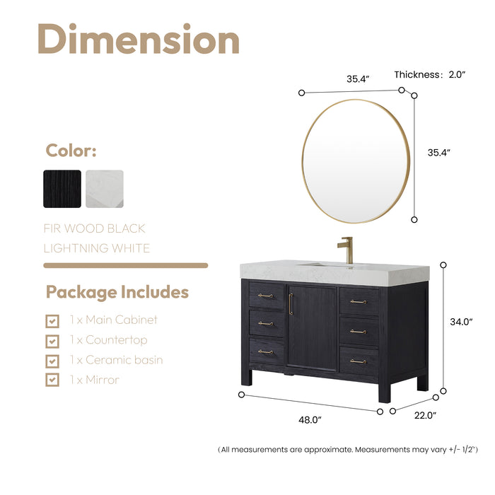 48 Inch Tamsin Black Fir Wood Vanity – Freestanding Single Sink Bathroom Cabinet with Mirror & Lightning White Top