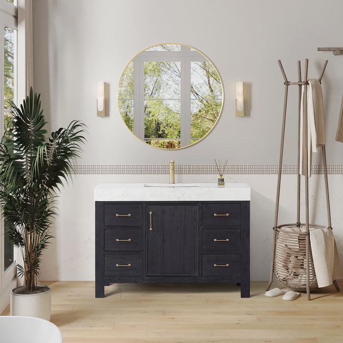 48 Inch Tamsin Black Fir Wood Vanity – Freestanding Single Sink Bathroom Cabinet with Mirror & Lightning White Top