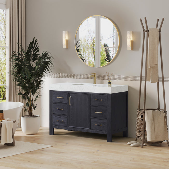48 Inch Tamsin Black Fir Wood Vanity – Freestanding Single Sink Bathroom Cabinet with Mirror & Lightning White Top