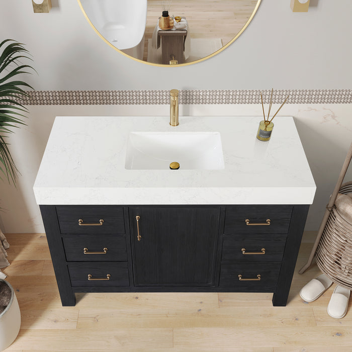 48 Inch Tamsin Black Fir Wood Vanity – Freestanding Single Sink Bathroom Cabinet with Mirror & Lightning White Top