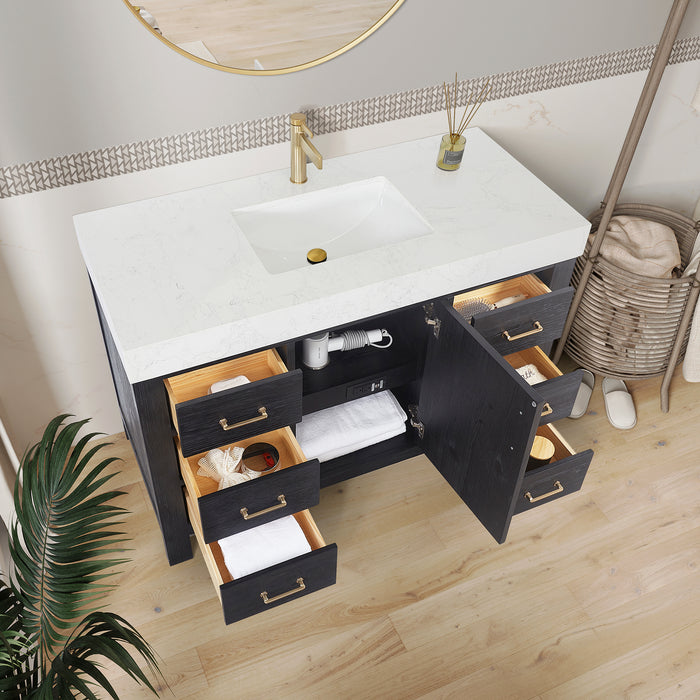 48 Inch Tamsin Black Fir Wood Vanity – Freestanding Single Sink Bathroom Cabinet with Mirror & Lightning White Top
