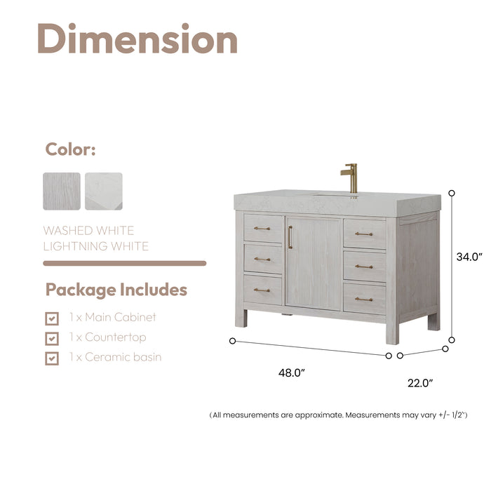 León 48in. Free-standing Single Bathroom Vanity in Washed White with Composite top in Lightning White