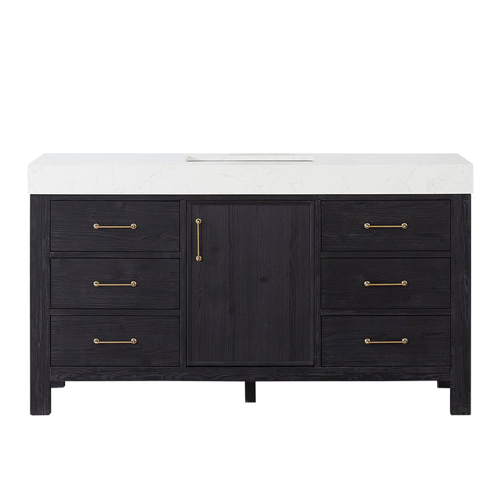 60-Inch Trellis Bathroom Vanity – Washed White Wood Cabinet with Mirror and White Composite Countertop