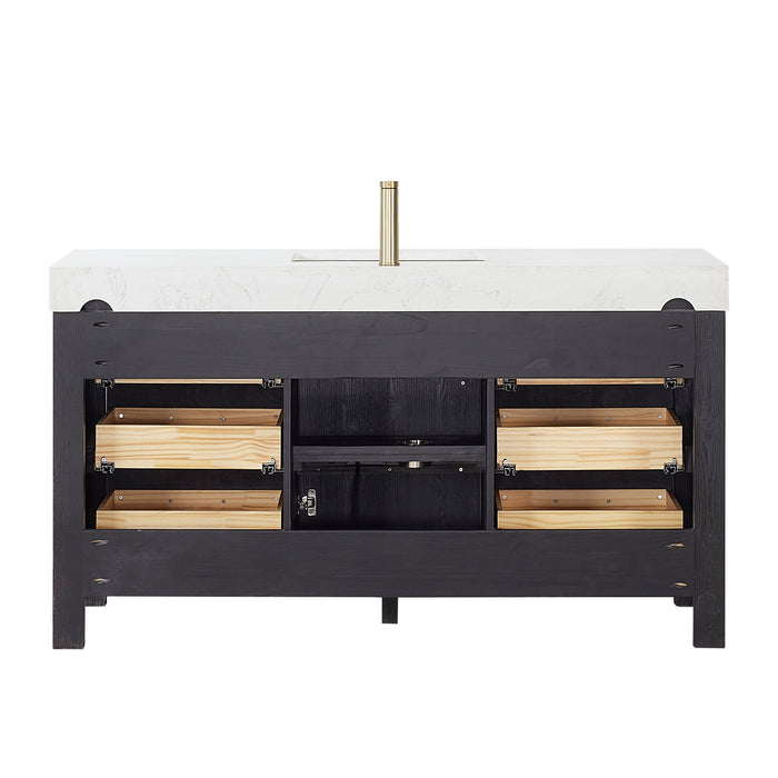 60-Inch Tranquil Vanity Set – Single Sink Black Cabinet with Soft-Close Drawers, White Top & Matching Mirror