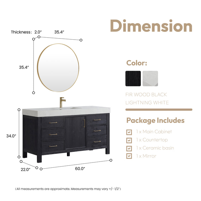 60-Inch Tranquil Vanity Set – Single Sink Black Cabinet with Soft-Close Drawers, White Top & Matching Mirror