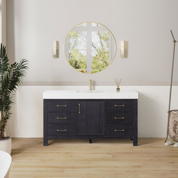 60-Inch Tranquil Vanity Set – Single Sink Black Cabinet with Soft-Close Drawers, White Top & Matching Mirror