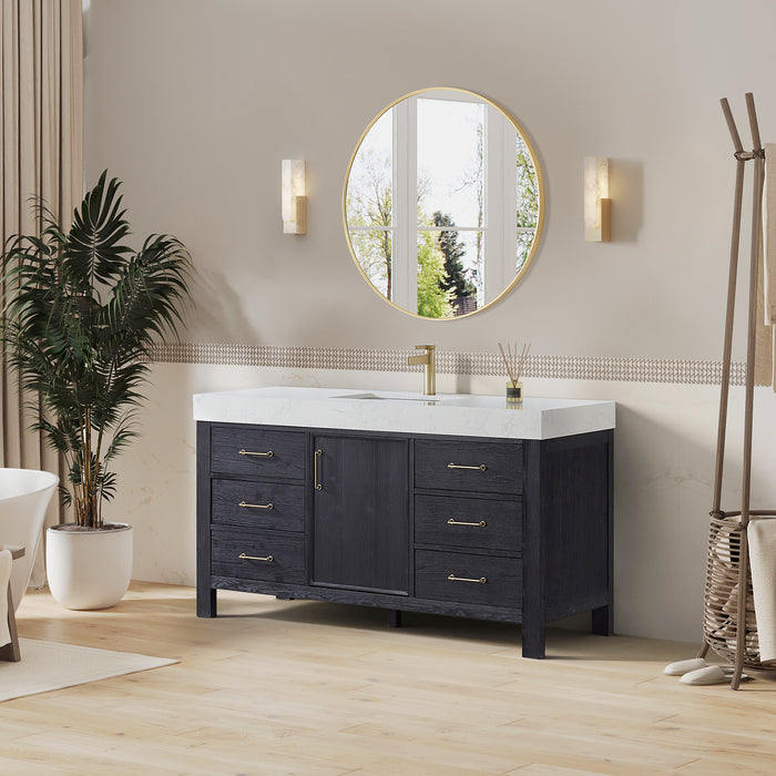 60-Inch Tranquil Vanity Set – Single Sink Black Cabinet with Soft-Close Drawers, White Top & Matching Mirror