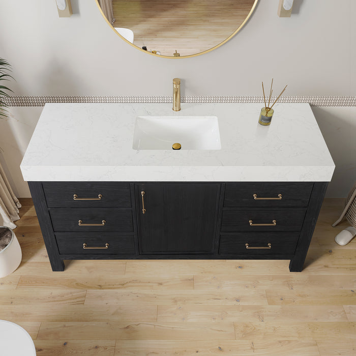 60-Inch Tranquil Vanity Set – Single Sink Black Cabinet with Soft-Close Drawers, White Top & Matching Mirror