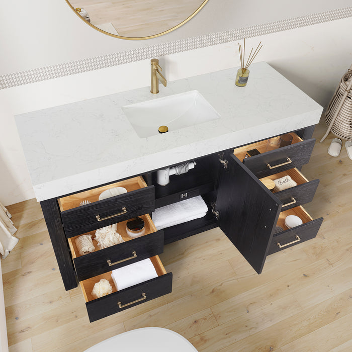 60-Inch Tranquil Vanity Set – Single Sink Black Cabinet with Soft-Close Drawers, White Top & Matching Mirror