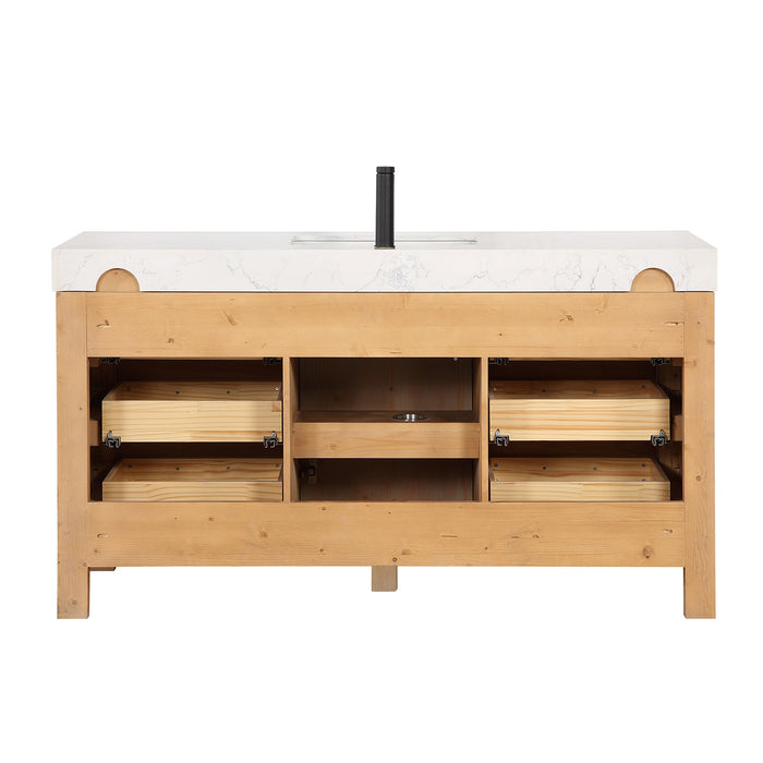 León 60in. Free-standing Single Bathroom Vanity in Fir Wood Brown with Composite top in Lightning White